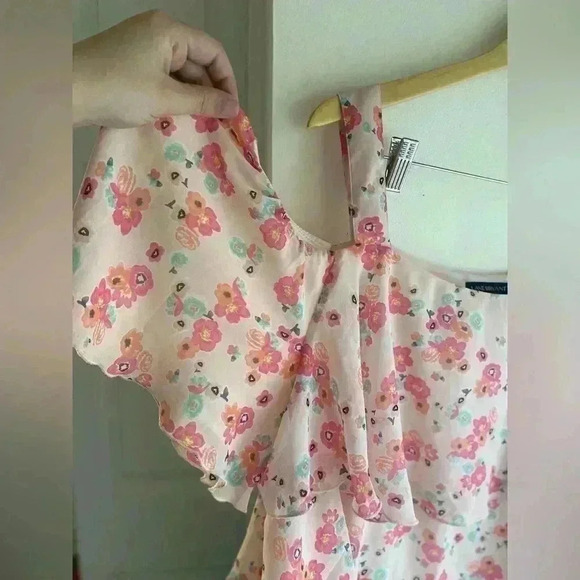 Lane Bryant Floral Cold Shoulder Ruffle Tiered Pink Flirty Feminine Blouse Sz 20 - Picture 7 of 8